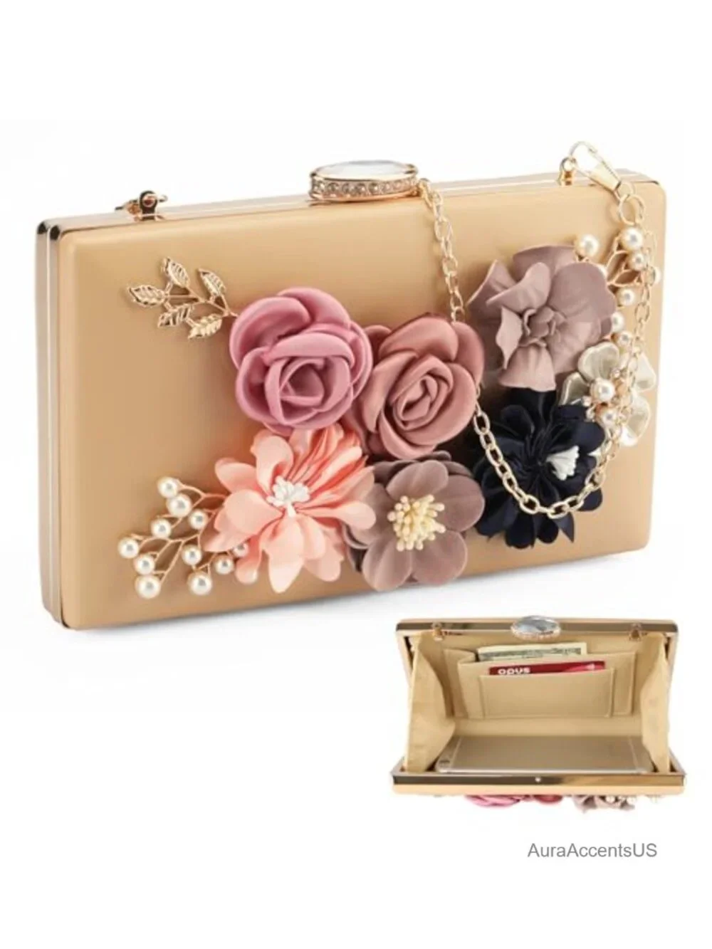 Floral Clutch Purse for Women Evening Bag Beaded Embellished Detachable Chain
